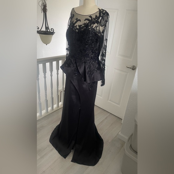 Terani Couture Embroidered Long Sleeve Front Slit Ruffled Mermaid Gown.